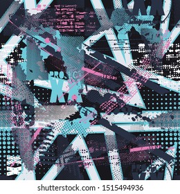 Abstract seamless geometric haotic pattern with scuffed, drops, sprays.  background for vinyl wrap and decal. Grunge urban repeated backdrop for textile, sport wear, print.