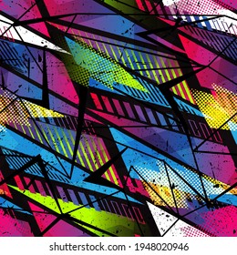 Abstract seamless geometric haotic pattern with scuffed, drops, sprays.  background for vinyl wrap and decal. Grunge urban repeated backdrop for textile, sport wear, print.