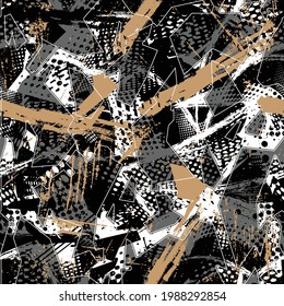 Abstract Seamless Geometric Haotic Pattern With Scuffed, Drops, Sprays.  Background For Vinyl Wrap And Decal. Grunge Urban Repeated Backdrop For Textile, Sport Wear, Print.