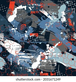 Abstract seamless geometric haotic pattern with scuffed, drops, sprays.  background for vinyl wrap and decal. Grunge urban repeated backdrop for textile, sport wear, print.