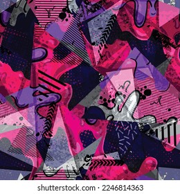 Resumen de un patrón haótico geométrico sin fisuras con espoletas, gotas, pulverizaciones.  fondo para envoltura de vinilo y calcomanía. Grunge fondo urbano repetido para textil, deporte, impresión.