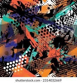 Resumen de un patrón haótico geométrico sin fisuras con espoletas, gotas, pulverizaciones.  fondo para envoltura de vinilo y calcomanía. Grunge fondo urbano repetido para textil, deporte, impresión.