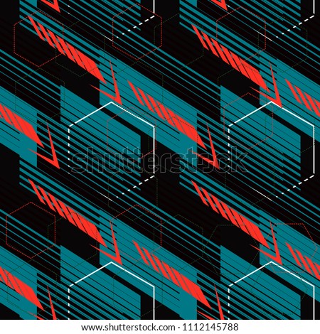 Abstract seamless geometric haotic pattern with scuffed, drops, sprays, and ink droplets. Vertical fading lines, tracks, halftone stripes. Extreme sport style illustration. Grunge, texture for textil.