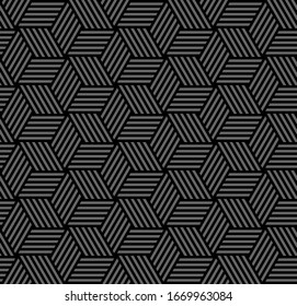 Abstract seamless geometric hexagon and diamond shapes pattern with 3D illusion. Dark grey and black texture and background. Vector art.