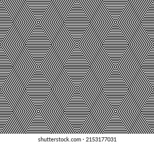 Abstract seamless geometric hexagons and diamonds op art pattern with striped lines texture. Vector illustration.