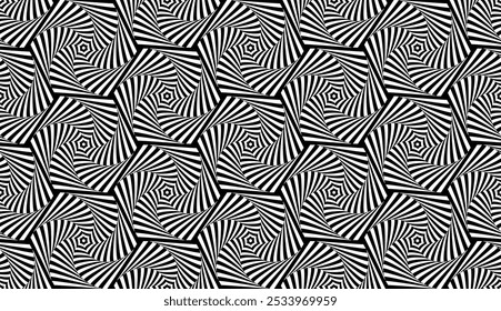 Abstractas Seamless Geometric Hexagons Op Art Pattern. Textura en blanco y negro. Ilustración vectorial.