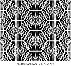 Abstract Seamless Geometric Hexagons Pattern. Black and White Texture. Vector Art.