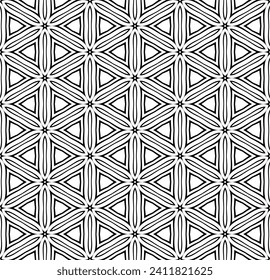 Abstract Seamless Geometric Hexagons and Triangles Pattern. Black and White Texture. Vector Art.