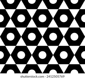 Abstract Seamless Geometric Hexagons Triangles and Circles Black and White Pattern. Vector Art.