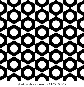 Resumen de Hexagones Geométricos sin Marea Triángulos y Círculos Patrón blanco y negro. Arte vector.