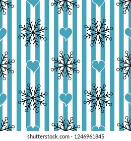 Abstract Seamless geometric Horizontal striped pattern with blue and white stripes heart and snowflake. Vector illustration. eps10