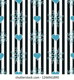 Abstract Seamless geometric Horizontal striped pattern with blue and white stripes heart and snowflake. Vector illustration. eps10