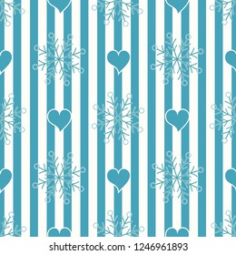 Abstract Seamless geometric Horizontal striped pattern with blue and white stripes heart and snowflake. Vector illustration. eps10