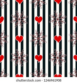 Abstract Seamless geometric Horizontal striped pattern with blue and white stripes heart and snowflake. Vector illustration. eps10