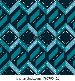 Abstract seamless geometric horizontal zigzag pattern in blue color palette with white stitching. Elegant textile blue and white print
