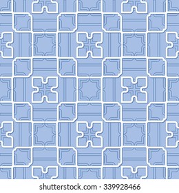 Abstract Seamless Geometric Islamic Wallpaper. Vector Arabic Monochrome Pattern. Blue Lace Texture