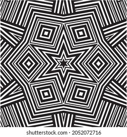 Abstract Seamless geometric lines pattern black and white stripes.Optical illusion zigzag effect. Geometric tile in op art. Futuristic and vibrant design, Illusive vector background.