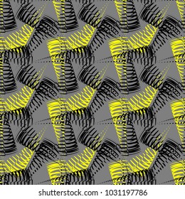 Abstract seamless geometric pattern with across lines. yellow and black drawing triangles on grey background. Repeated backdrop for girl, boy, textile, clothes, wrapping paper. colorful wallpaper. 