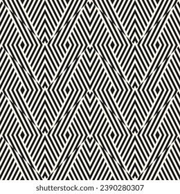 Abstract seamless geometric pattern with black and white diagonal stripes, optical illusion effect. Sport style retro wicker braided line design. Simple vector background texture, repeat geo ornament