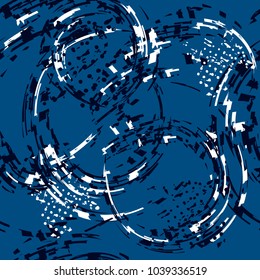 Abstract seamless geometric pattern with blue background. fragments of parts squares, rectangle, dots. monochrome repeated backdrop for boy, sport clothes, textile. 