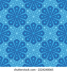 Abstract seamless geometric pattern with blue flower design blue background snowflakes, Mosaic,tile, textile,ethnic colourful ornament blue theme Flower pattern design.