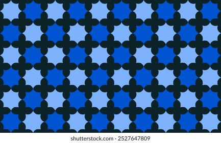 Abstract Seamless geometric pattern with blue stars checkerboard on black background. Vector illustration, repeat star pattern design for fabric printing, star patter
