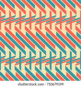 Abstract seamless geometric pattern of blue and red thick diagonal and horizontal stripes, retro color palette