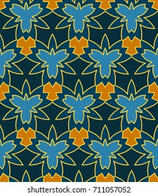 Abstract seamless geometric pattern of blue, orange, and yellow shades