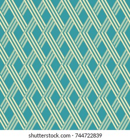 Abstract seamless geometric pattern in blue and yellow colors. Wicker lattice of intersecting stripes