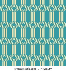 Abstract seamless geometric pattern in blue and yellow retro colors with X shaped horizontal wickerwork