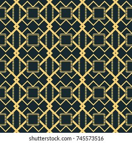 Abstract seamless geometric pattern in blue-black and yellow colors. Figures of striped lines forming peculiar lattice