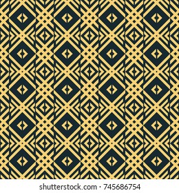 Abstract seamless geometric pattern in blue-black and yellow colors. Interwoven V shaped elements and squares forming peculiar lattice