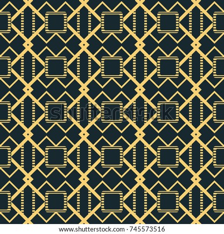 Abstract seamless geometric pattern in blue-black and yellow colors. Figures of striped lines forming peculiar lattice