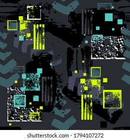 Abstract seamless geometric pattern for boy, sport textile, clothes, wrapping paper. Geometrical repeated backdrop with dots, curved lines, spray paint ink.  