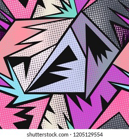 Abstract seamless geometric pattern for boys, teenagers sport clothes. Grunge urban background. Modern creative design. Chaotic repeated backdrop. Shape dots, lines, ink, spray paint in bright colors.
