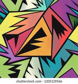Abstract seamless geometric pattern for boys, teenagers sport clothes. Grunge urban background. Modern creative design. Chaotic repeated backdrop. Shape dots, lines, ink, spray paint in bright colors.