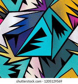 Abstract seamless geometric pattern for boys, teenagers sport clothes. Grunge urban background. Modern creative design. Chaotic repeated backdrop. Shape dots, lines, ink, spray paint in bright colors.