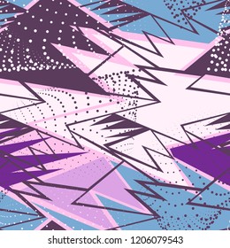 Abstract seamless geometric pattern for boys, teenagers sport clothes. Grunge urban background. Modern creative design. Chaotic repeated backdrop. Shape dots, lines, ink, spray paint in bright colors.