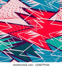 Abstract seamless geometric pattern for boys, teenagers sport clothes. Grunge urban background. Modern creative design. Chaotic repeated backdrop. Shape dots, lines, ink, spray paint in bright colors.