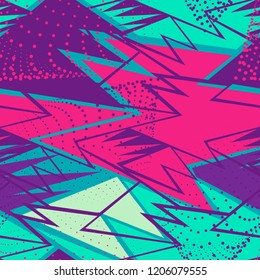 Abstract seamless geometric pattern for boys, teenagers sport clothes. Grunge urban background. Modern creative design. Chaotic repeated backdrop. Shape dots, lines, ink, spray paint in bright colors.