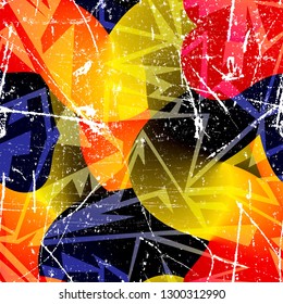 Patrón geométrico abstracto para niños, adolescentes con ropa deportiva. Borroso fondo urbano. Diseño creativo moderno. Fondo caótico repetido. Forma puntos, líneas, tinta, pintura con spray en colores brillantes.