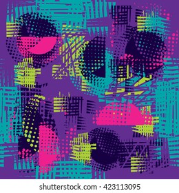 Un patrón geométrico abstracto para niños y niñas. Grunge el fondo urbano con puntos, formas, círculo, triángulo. Diseño creativo. Papel pintado colorido sobre fondo morado en colores de neón.