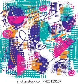 Abstract seamless geometric pattern for boys and girls. Grunge urban background with dots, shapes, curves, circle, triangle. Creative design. Colorful wallpaper on white background. Bright colors.