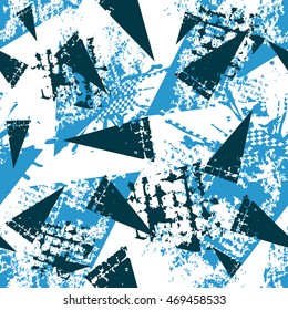 Abstractas patrón geométrico sin fisuras para niños y niñas. Chicos grunge fondo repetido urbano. Diseño original creativo en ropa deportiva. Fondo de pantalla azul, negro y blanco con forma, triángulos Elementos