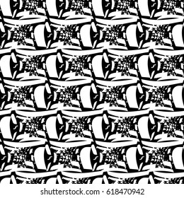 Abstract seamless geometric pattern for boys, textile, clothes. Chaotic repeated backdrop. Monochrome wallpaper with shape, brush elements. Creative modern black and white background.