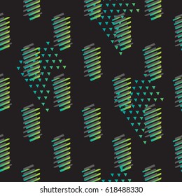 Abstract seamless geometric pattern for boys, textile, clothes. Chaotic repeated backdrop. Black background with line, triangles elements. easy wallpaper