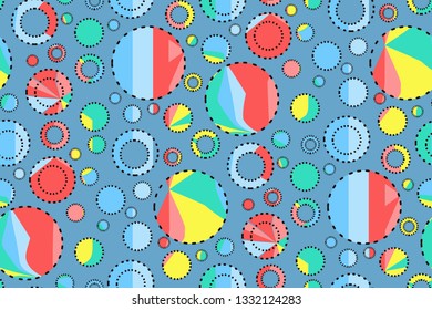 Abstract seamless geometric pattern with bright colored circles on blue background. Creative design in the style of Memphis. Doodle art. Perfect for fashion prints, fabrics, Wallpapers, covers. Vector
