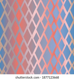 Abstract seamless geometric pattern. Bright vector with diagonal lines forming a grid in trending color transitions, Snorkel Blue, Peach Echo, Iced Coffee, Lilac Gray, Rose Quartz, on a gradient 