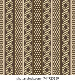 Abstract seamless geometric pattern in brown and yellow colors. Wide vertical stripes with alternate wicker lattices