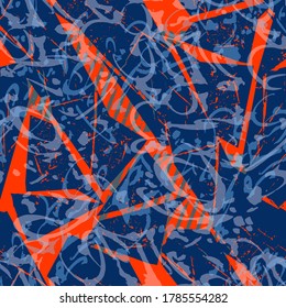 Abstract seamless geometric pattern with calligraphic halftone repeat print. Blue and orange repeated ornament